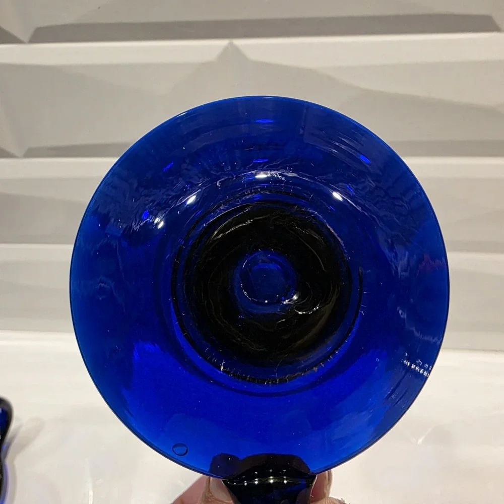 Vintage Hand Blown Cobalt Blue Art‎ Glass Finger Loop Handle Candlestick Holder